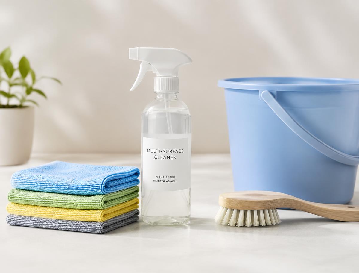 Neatly arranged cleaning cloths, spray bottle, brush and bucket